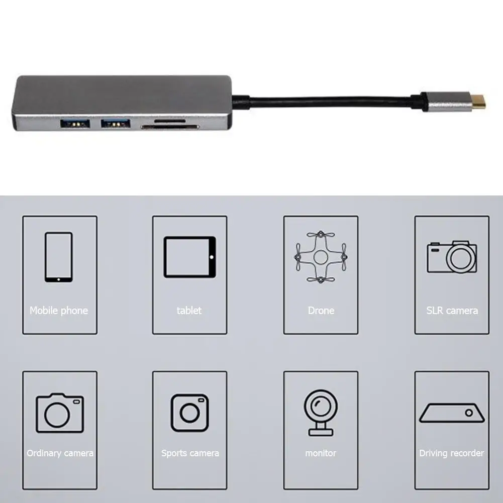 

USB-концентратор TC104H 5 в 1, адаптер из алюминиевого сплава с разъемом Type-C, серый и компактный ShellConverter для 4K HDMI-совместимого устройства для чтен...