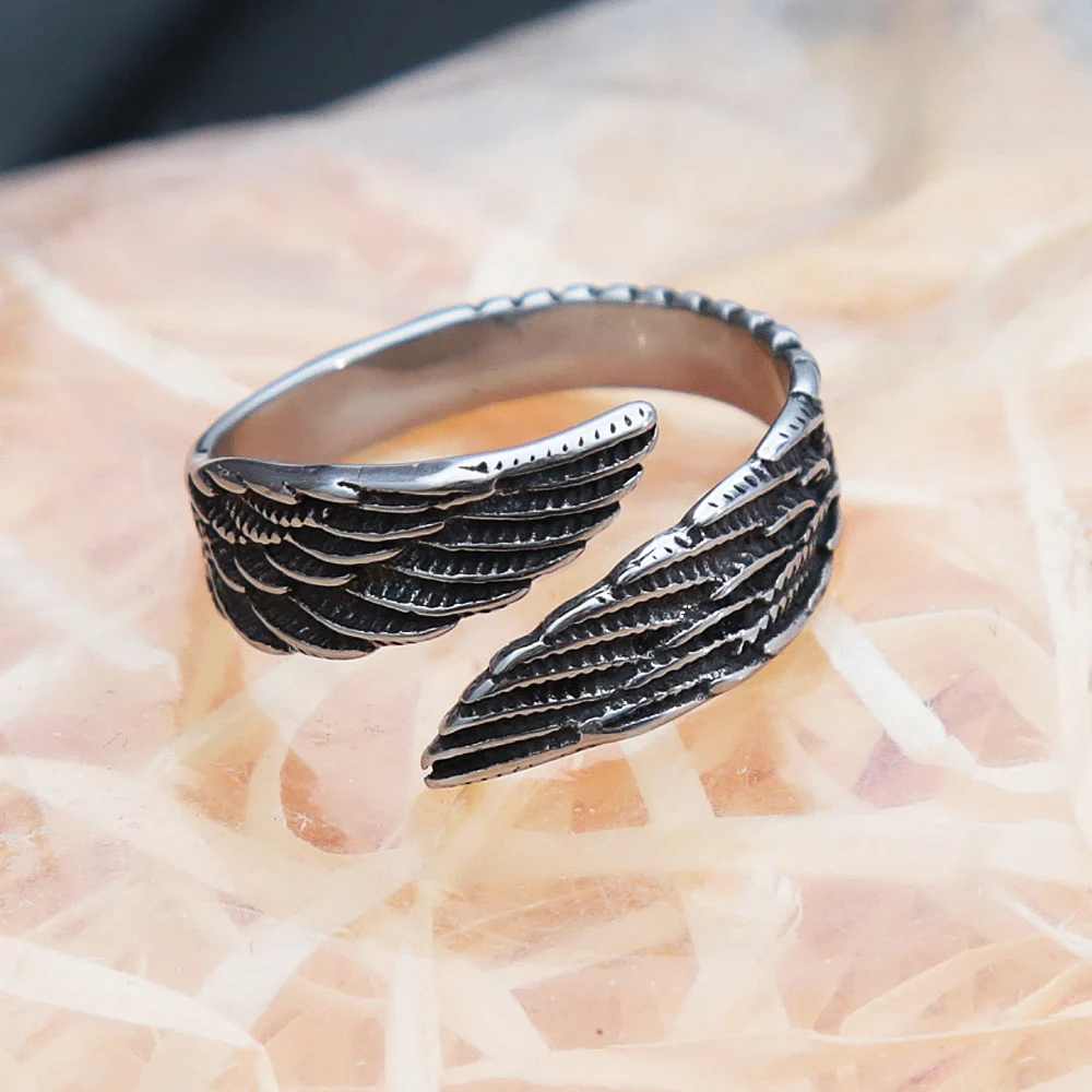 

Punk Hip Hop Stainless Steel Opening Feather Ring For Men Women Creative Fashion Biker Feather Goro Ring Jewelry Gift Wholesale