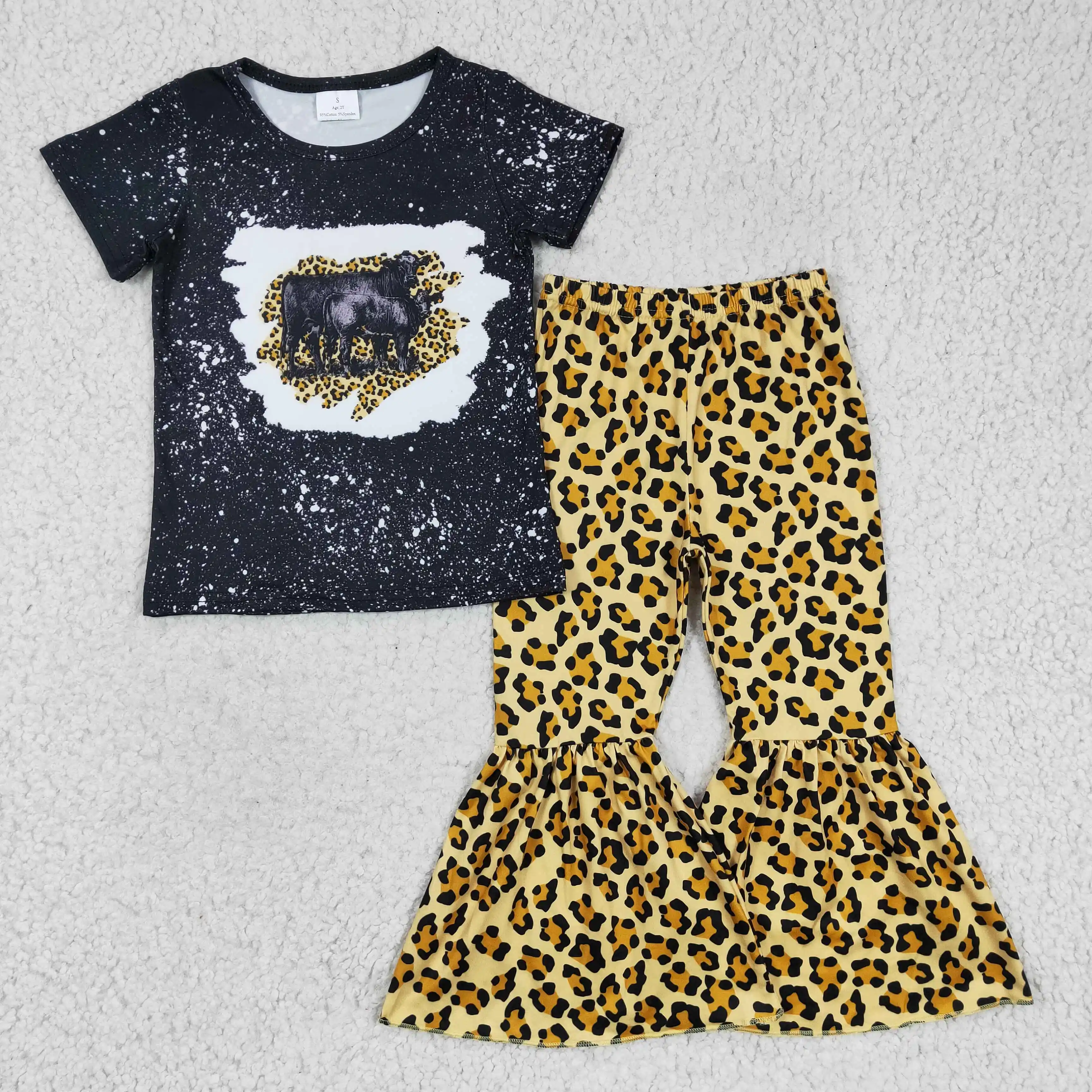 

GSPO0352 girl black short sleeve top with cow match leopard bell bottoms 2pieces set