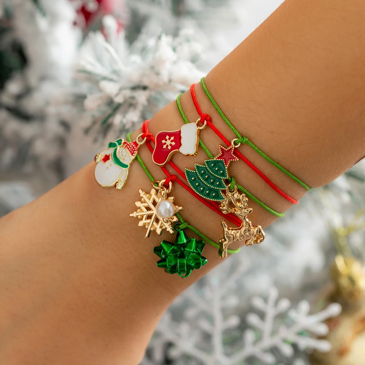 

Christmas Elk Snowflake Bracelet Set with Adjustable Wax Wire Jewelry