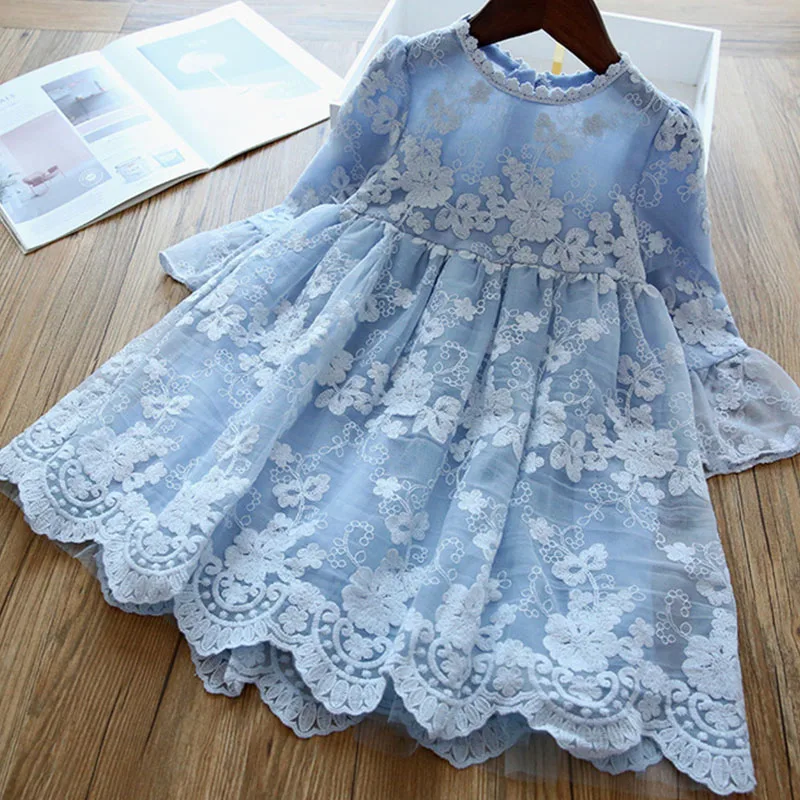 

Flower Embroidery Dress Girls 2022 Party Princess Dresses Kids Clothes Elegant Lace Long Sleeves Children Cute Toddlers Vestidos