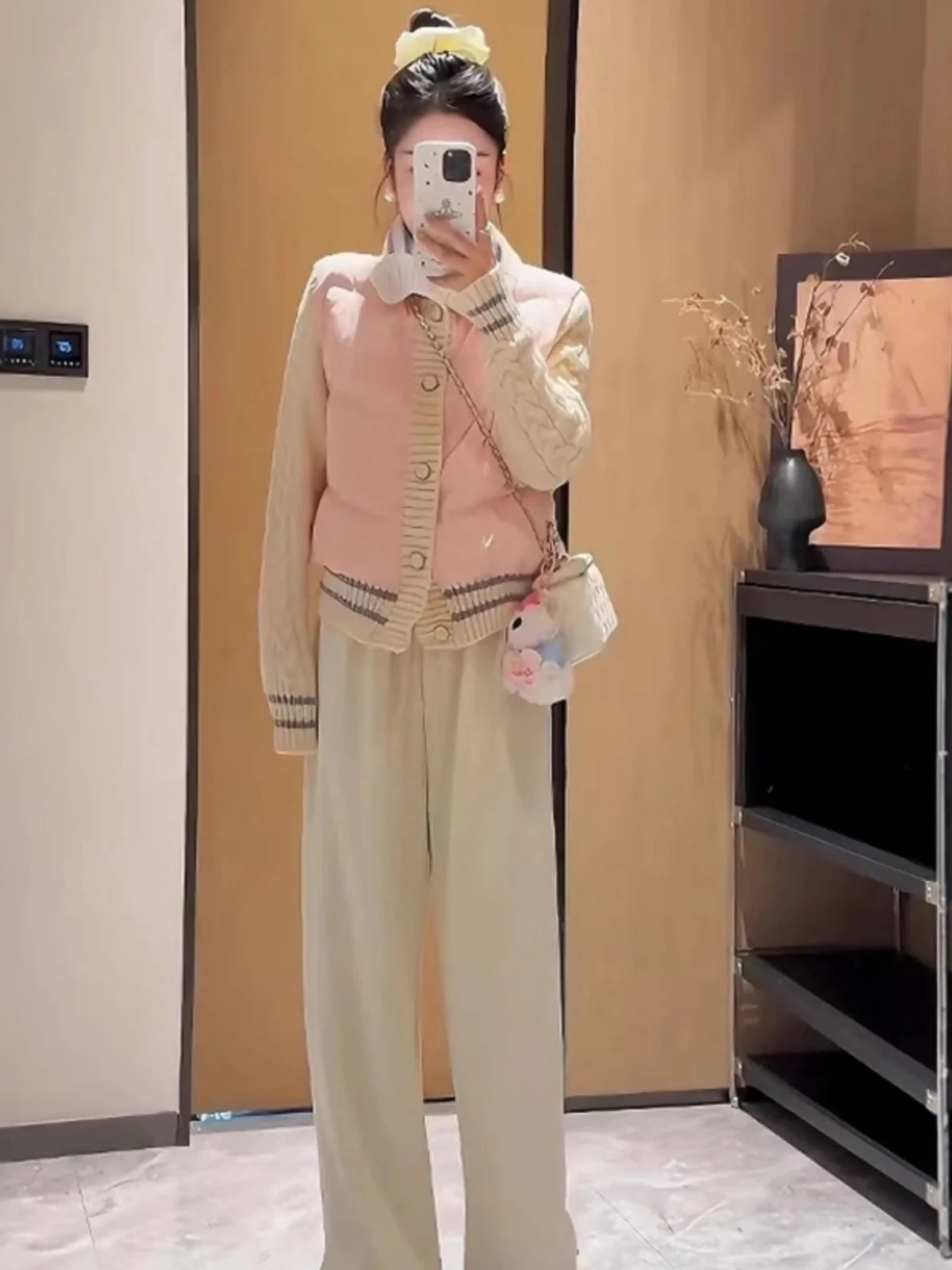 2024 зимняя изящная розовая лоскутная вязаная куртка на хлопковой подкладке