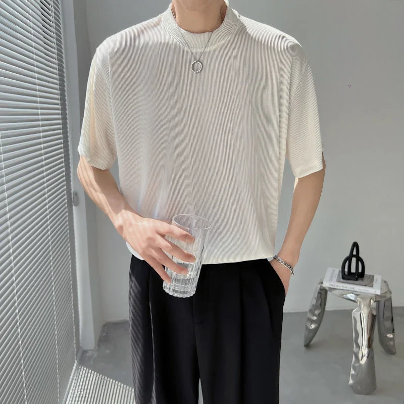 

Summer 6-color Pleated T-shirt Men Elasticity Slim Fashion Casual Ice Silk T-shirt Men Korean Short-sleeved T Shirt Mens Top