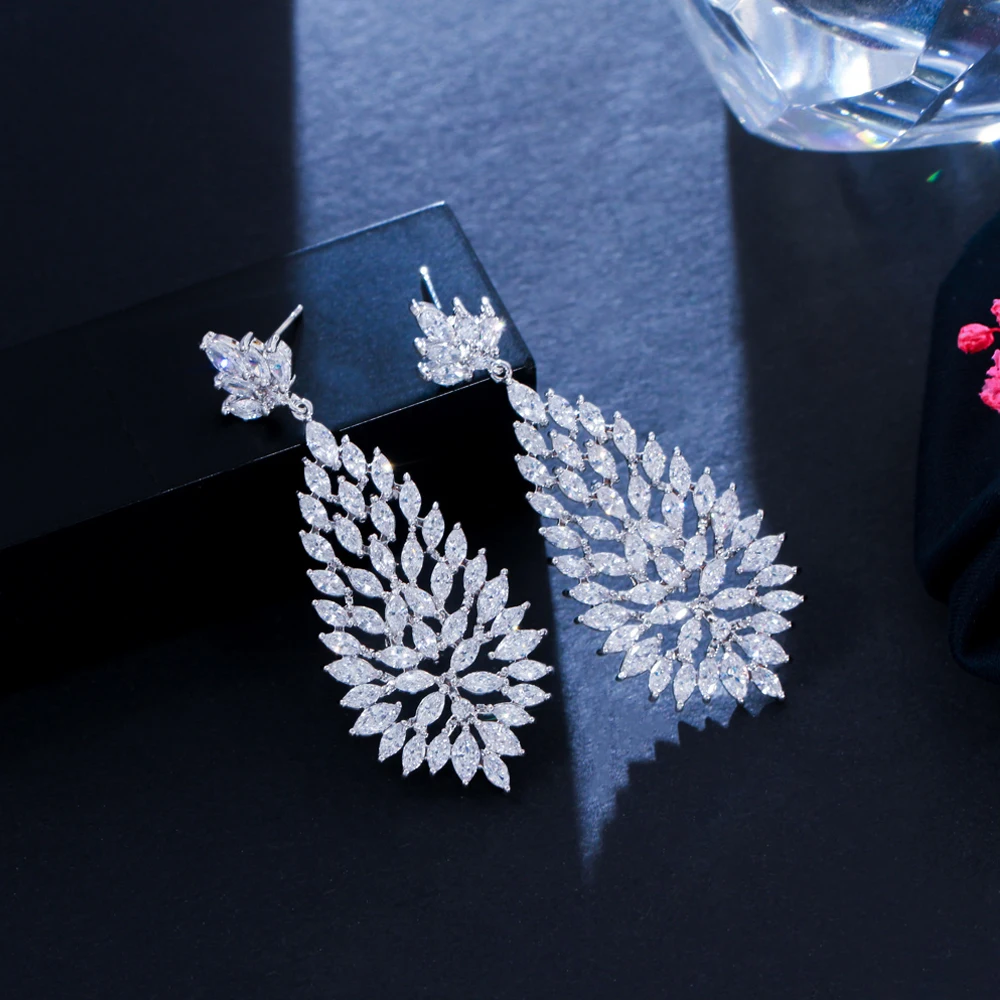 

BeaQueen New Full Clear Marquise Cubic Zirconia Setting Long Dangle Drop Earrings Luxury Wedding Party Jewelry for Women E579
