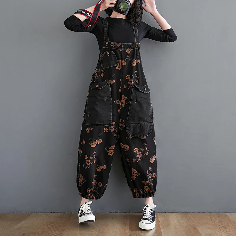 Loose Jeans Black Jumpsuit Women Casual Oversized Baggy Big Pockets Print Floral Denim Overalls Straps Jean Rompers Ladies Pants