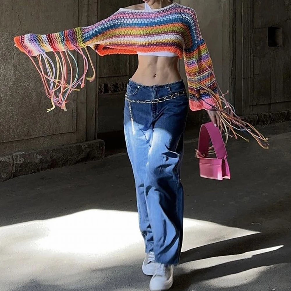 

Tassel Stripe Crop Top Men Sweater Loose Long Flare Sleeve Rainbow Pullover Autumn Sexy Off Shoulder Y2k Street Unisex Jumper