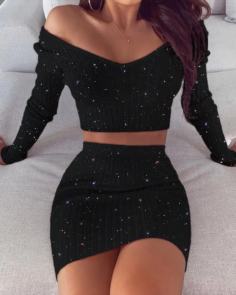 

Women New Spring Summer Long Sleeve V Neck Top Blouse High Waist Elastic Shorts Pants Sequined Shinny Sexy