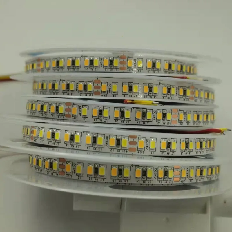 Фото DC12V/24V SMD 2835 CCT двойная белая светодиодная лента с регулируемой яркостью WW CW цветовая температура регулируемая гибкая светодиодная лента 5 м №1