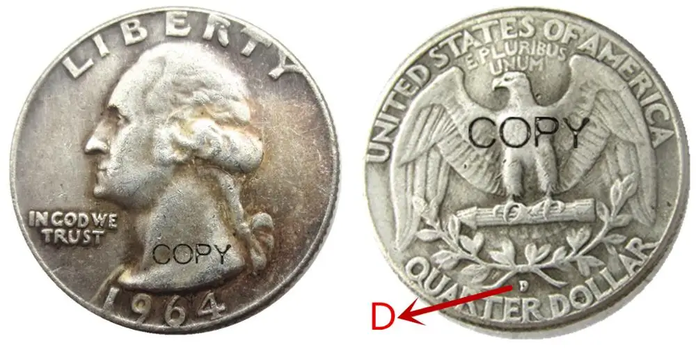

US 1964D квартал Вашингтон Посеребренная копия монеты
