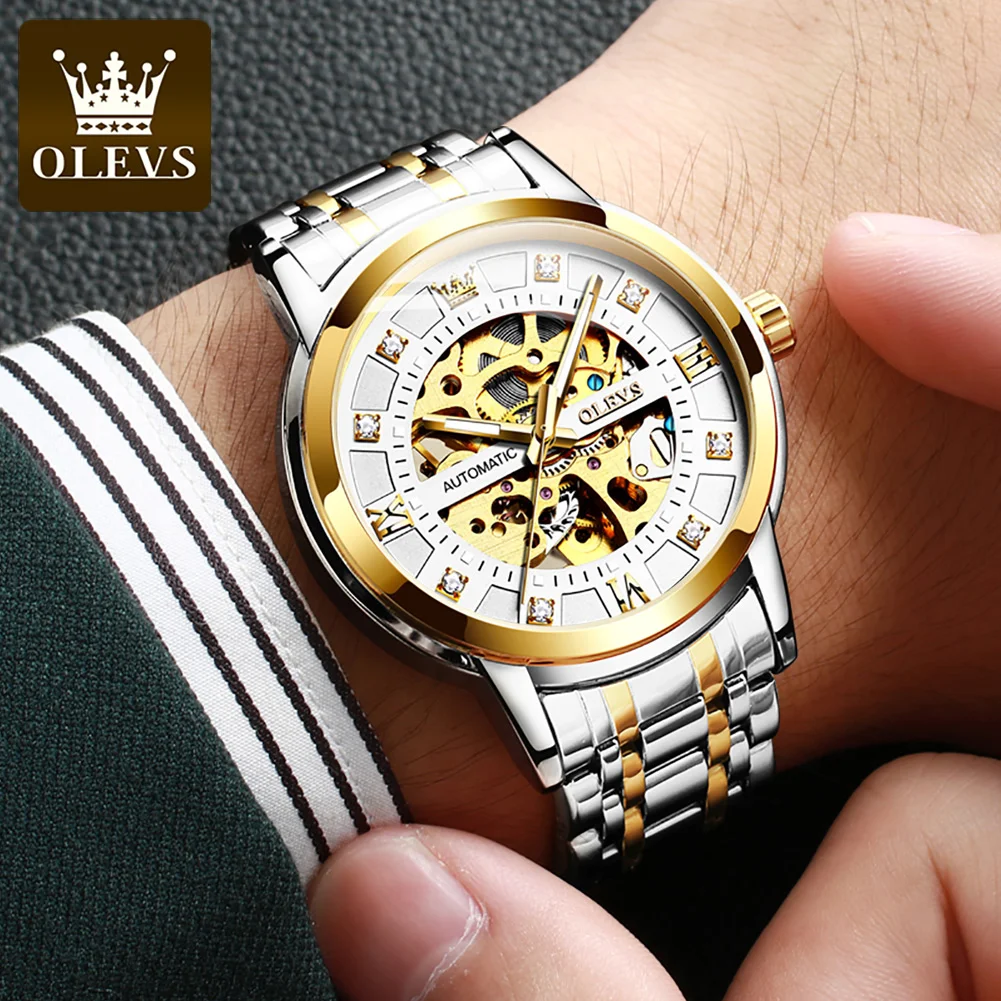 OLEVS Top Brand Men's Automatic Mechanical Watches Hollow Out Stainless Steel Fashion Business Waterproof Luminous Men Watch enlarge