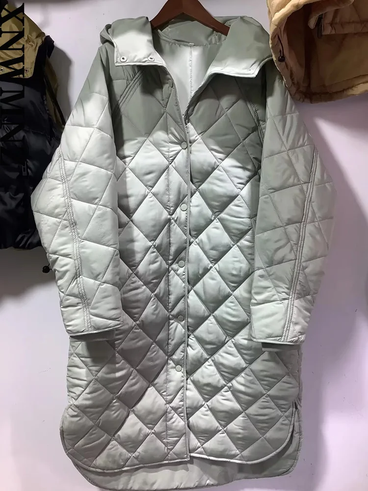 XNWMNZ Women Fashion Warm Hooded Padded Jacket Woman Long Sleeve Buttons Pockets Oversize Long Parkas Outwear Female Overcoat