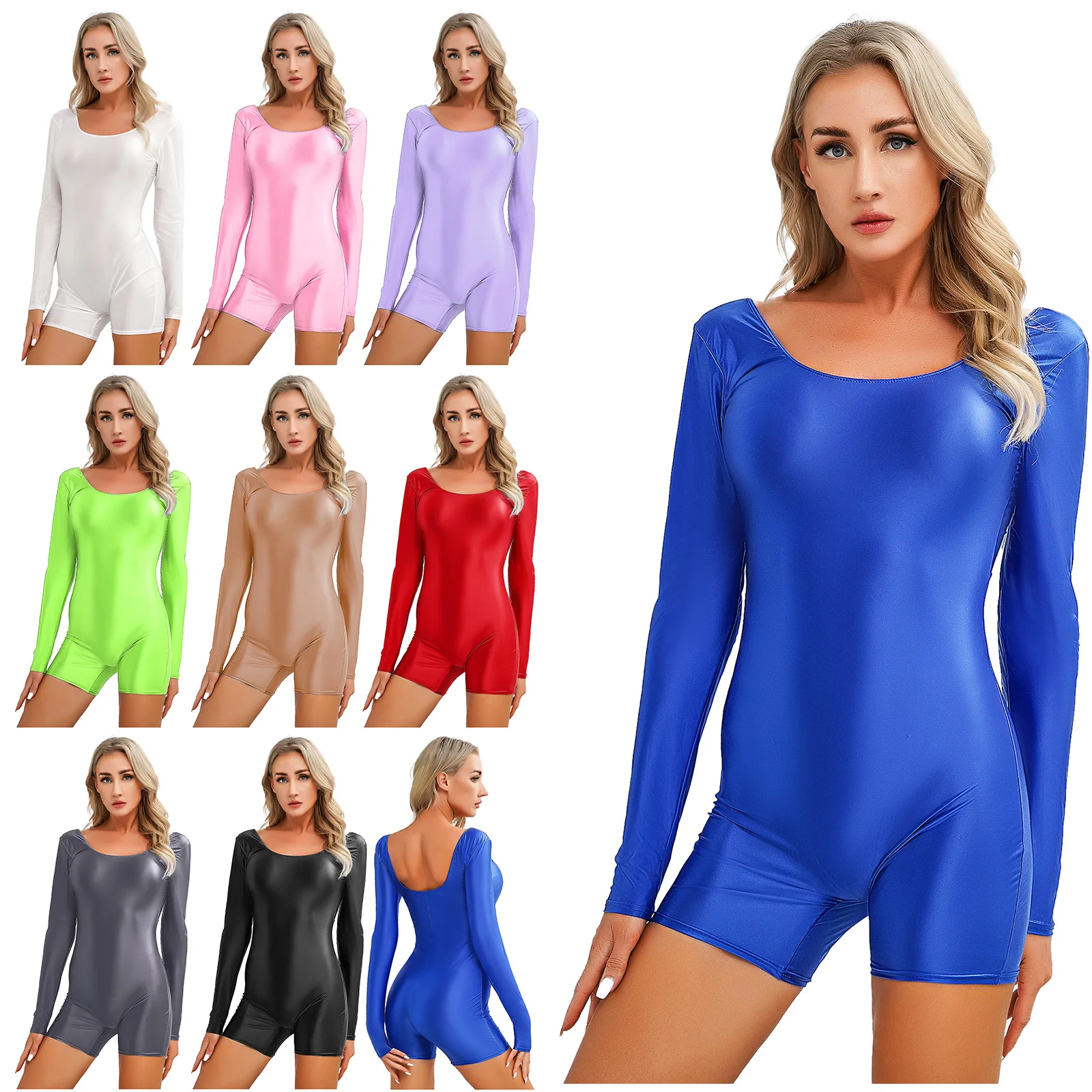 Боди женское глянцевое с длинным рукавом однотонный эластичный облегающий