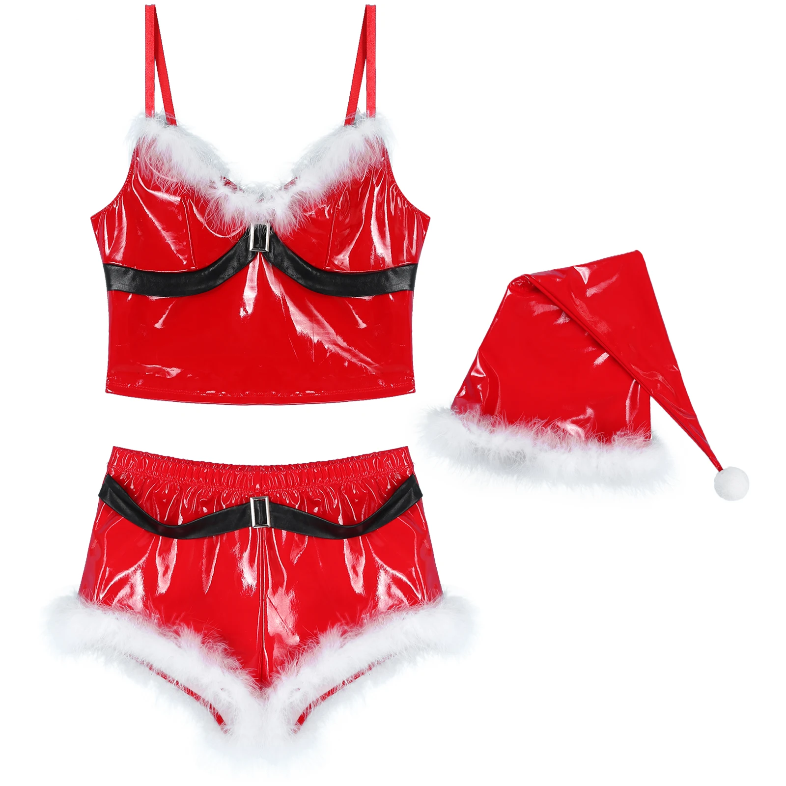 Tiaobug Womens Santa Claus 3Pcs V Neck Sleeveless Crop Tops Low Rise Booty Shorts Hat with White Feather Trim Christmas Costumes |