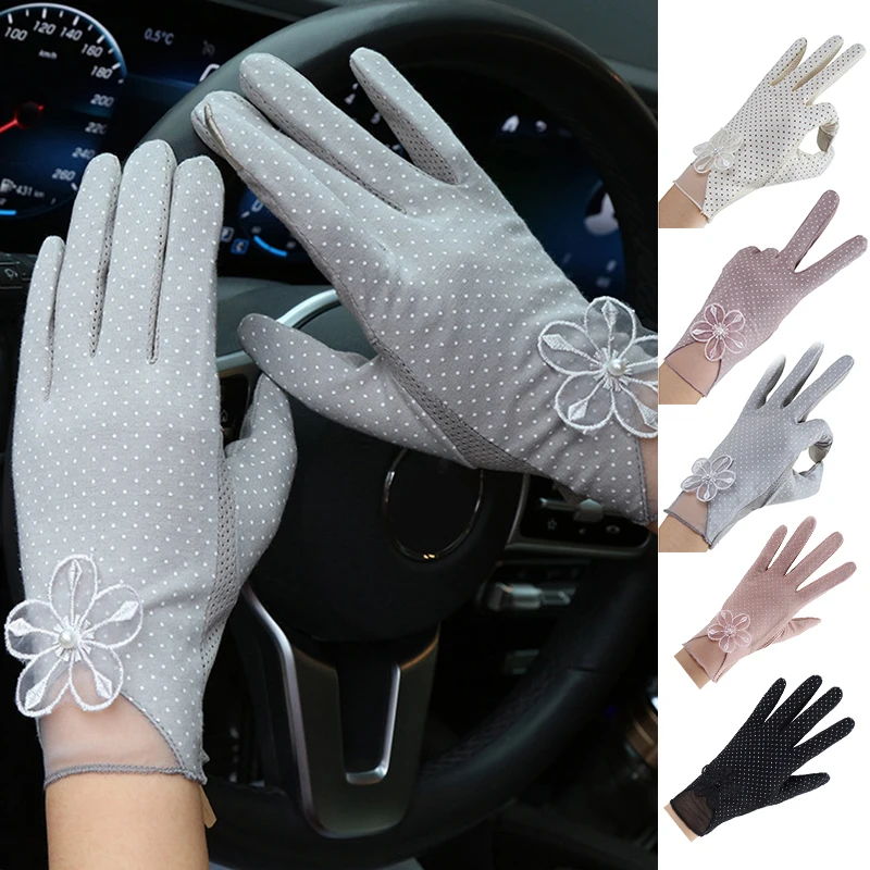 

Thin Touch Screen Dot Print Full Finger Mittens Lace Flower UV Sunscreen Gloves Anti-Slip Breathable Cycling Driving Gloves