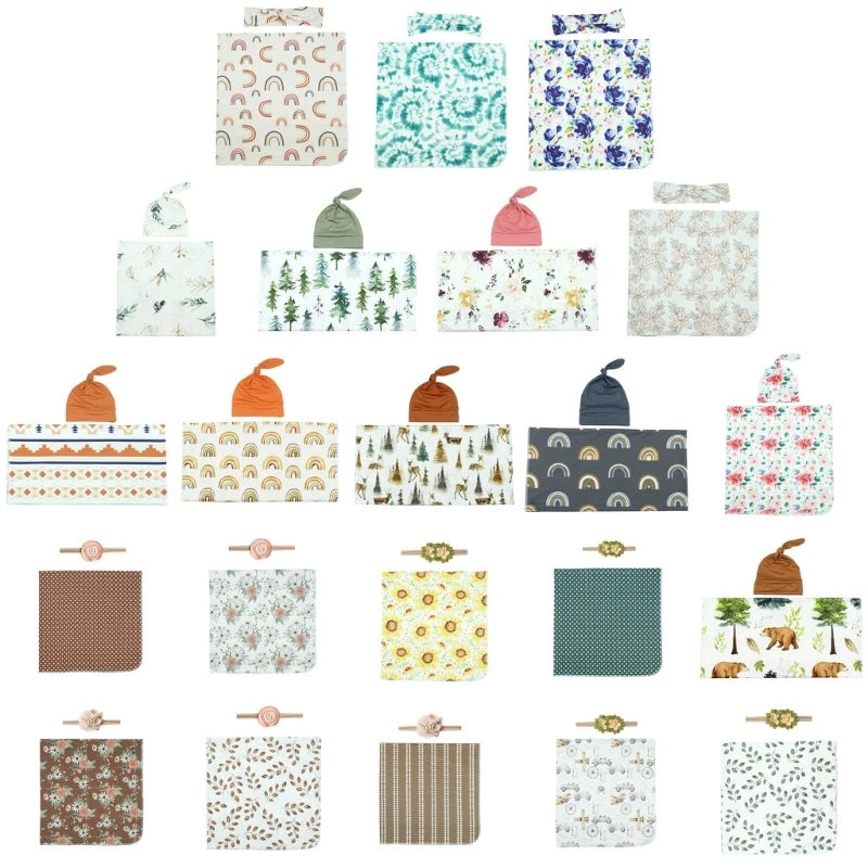 

67JC Infant Photography Props Swaddle Blanket & Hairband Beanie Hat Comfortable Wrap for Baby Newborn Infant Photo Backdrop