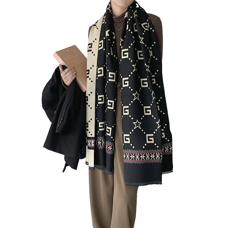 Дизайнерский кашемировый зимний шарф для женщин, толстая шаль из пашмины с буквенным принтом, женское теплое одеяло, повседневные палантин...