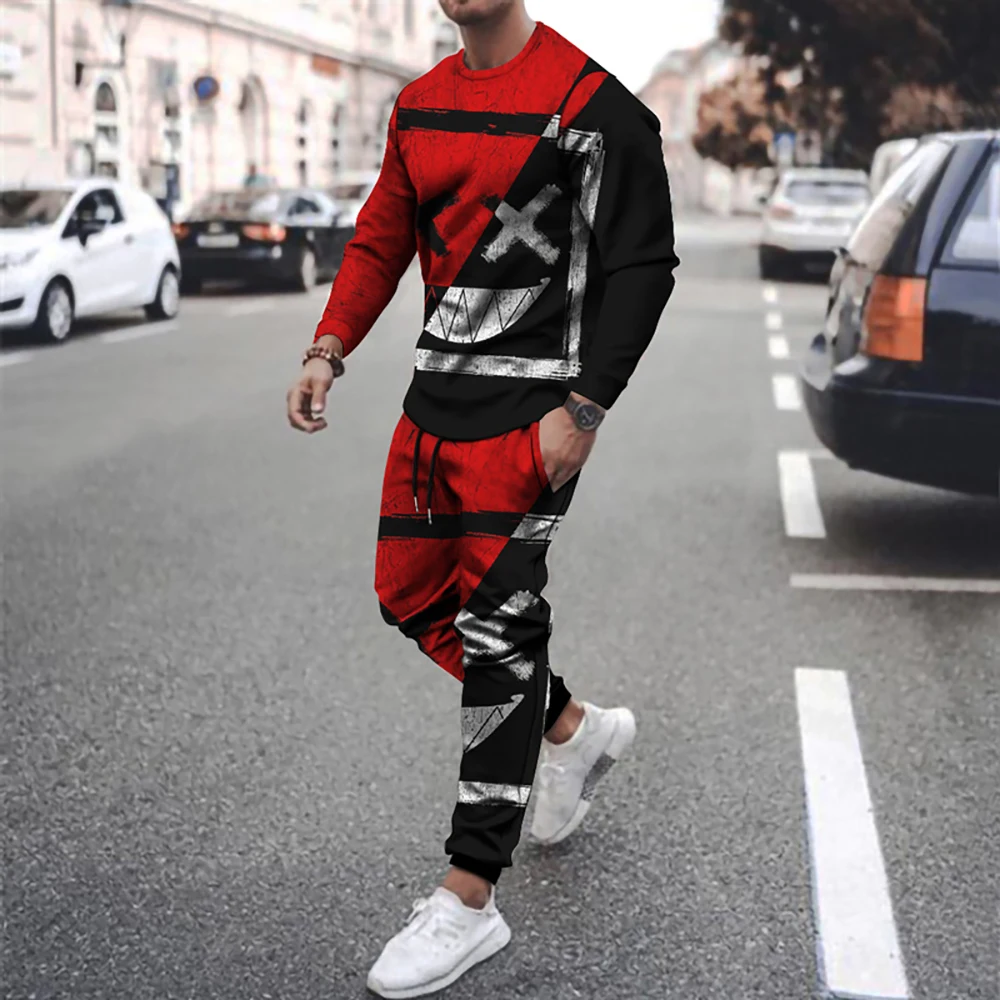 

Men's Outfit Casual Tracksuits Long Sleeve Streetswear 3D XXOO O-Neck T-Shirt Sets Oversized Man Tshirt Suit 2 Piece Suit