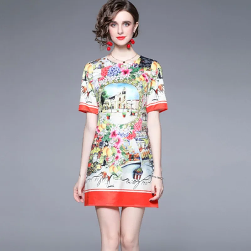 

2022 Summer Fashion Runway Luxury Flower Print A-Line Dress Women's short Sleeve Elegant Loose Dress