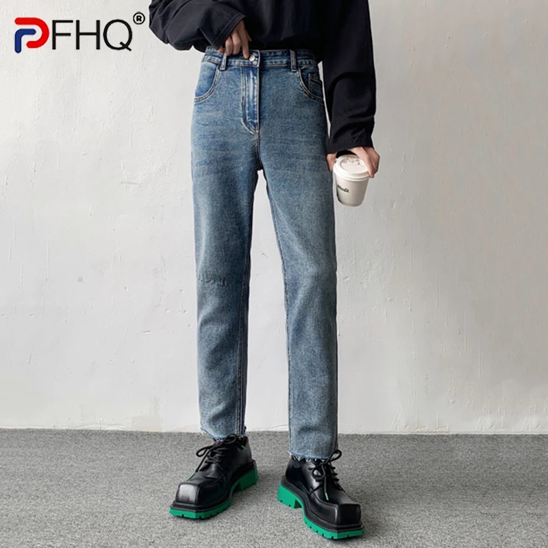 

Мужские рваные джинсы PFHQ, модные облегающие брюки в Корейском стиле, винтажные однотонные мужские брюки, повседневные свободные элегантные...