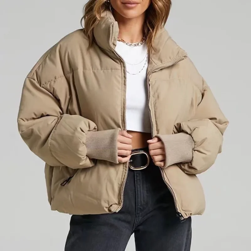 

Cotton Winter New Stand Collar Zipper Pocket Thickened Warm Cotton-padded Jacket Coat Women