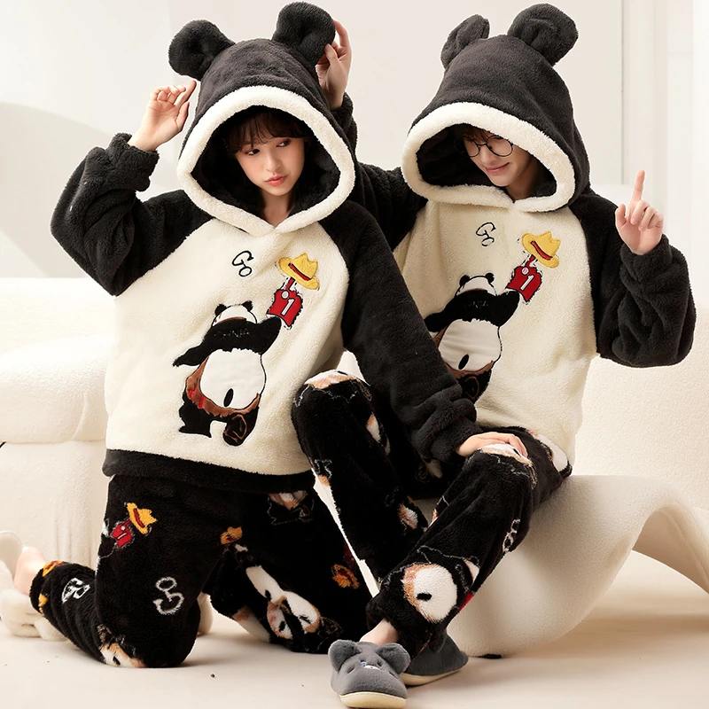 

Winter Couples Pajama Sets Women Men Thicken Hoodies Sleepwear Cartoon Panda Unisex Pullover Pijama Fashion Lovers Soft Warm