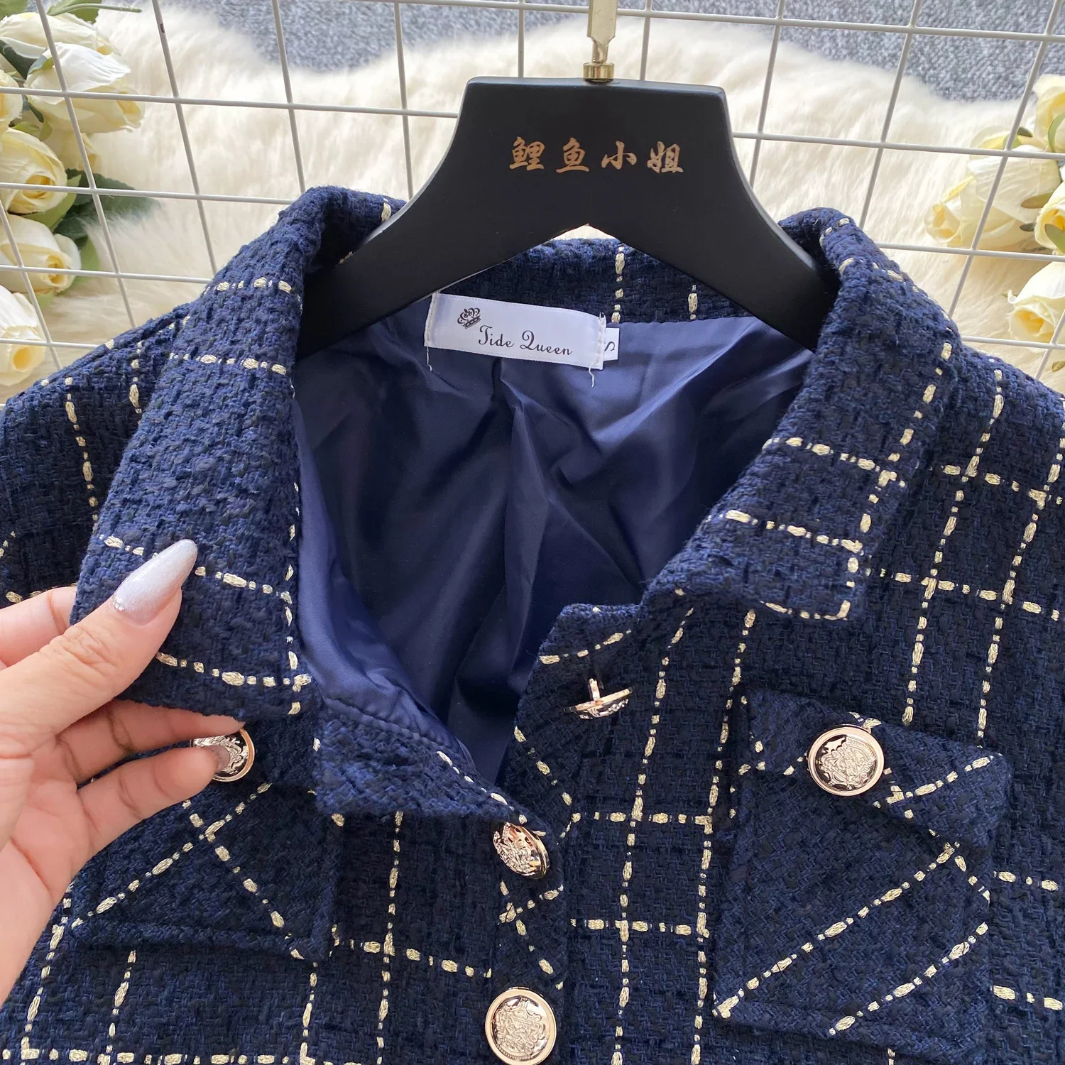 Женский клетчатый комплект из двух предметов облегающий однобортный жакет с