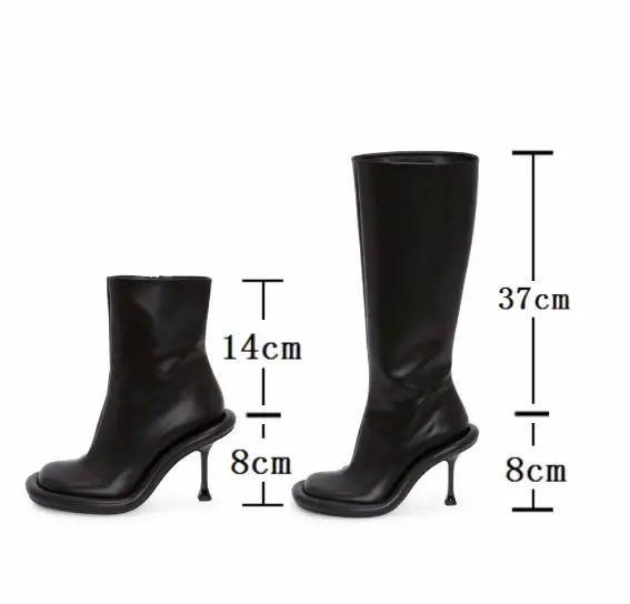 Женские кожаные сапоги до колена черные с круглым носком и скрытой молнией на