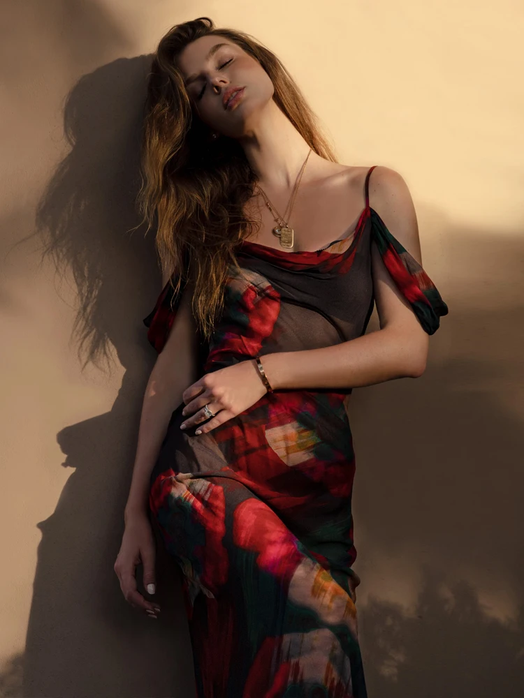 

Mesh Maxi Dresses for Women 2022 Elegant Chic Floral Print Evening Club Party Dress Summer Sexy Off Shoulder Straps Beach Dress