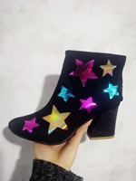 spring five pointed star sequin womens ankle boots round head black mixed color chunky heels leather zipper designer suede