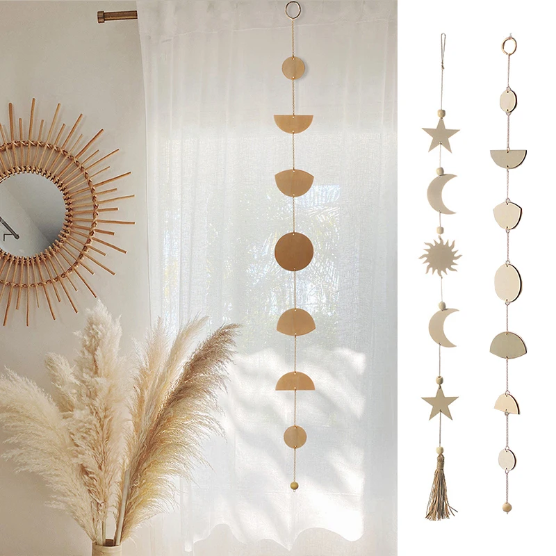 

2023 Boho Moon Star Wood Chip Pendant Bohemian Mural Decoration Tassel Room Bedroom Gift Nordic Style Pendant Home Decoration