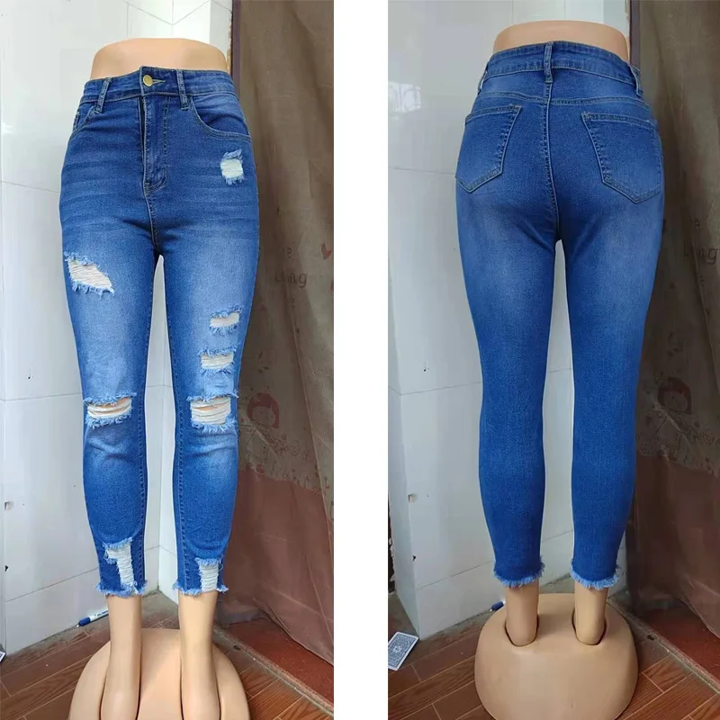 2023 New Street Style Fashion Ripped Slim Denim Trousers Ladies Jeans Women's Clothing