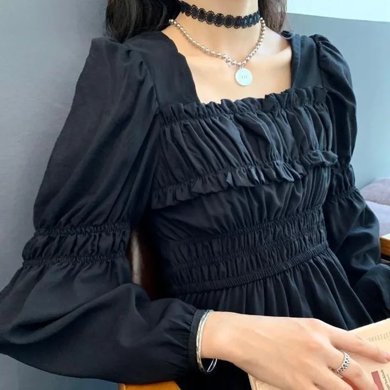 Женское платье с длинным рукавом однотонное черное кружевное плиссированное