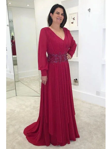 

Fuchsia Long Mother Of the Bride Dresses Plus Size Sexy V Neck Chiffon A line Pleats Vestido Invitada Boda 2023