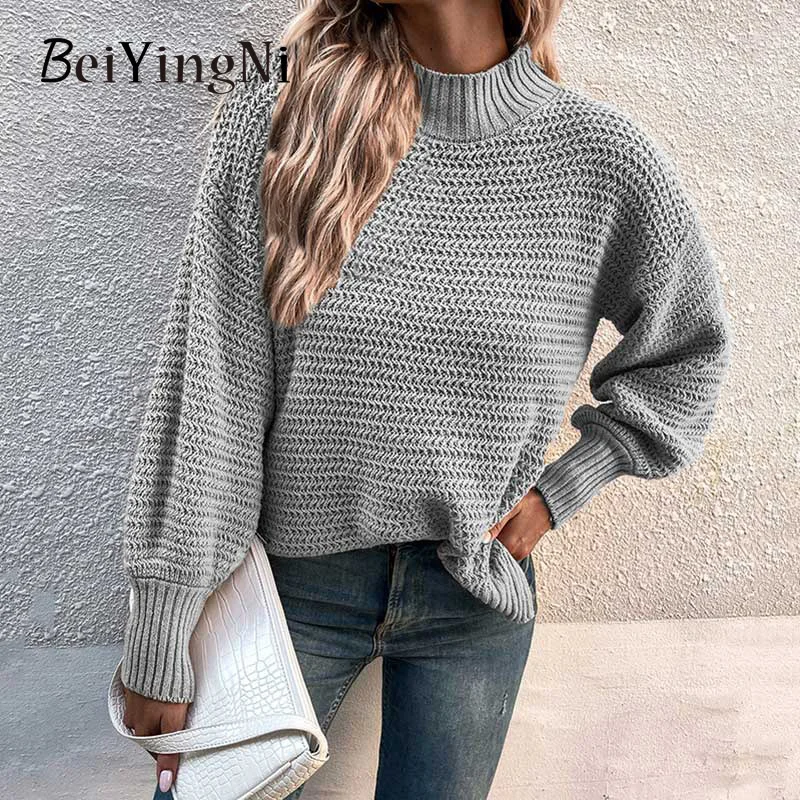 

Beiyingni Autumn Winter Sweater Women's Turtleneck Solid Long Sleeve Split Female Pullover Vintage Loose Casual Knitting Jumper