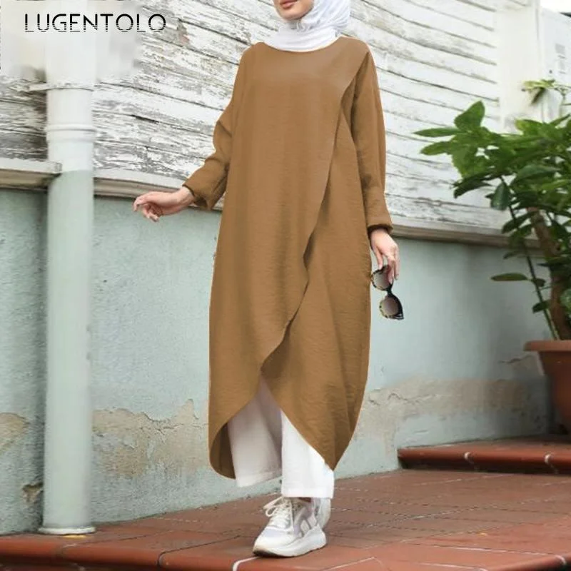

Casual Dresses Women Dress Fashion Muslim Autumn Elegant Lady Solid Color Pullover Long Sleeve Loose 5XL Lugentolo