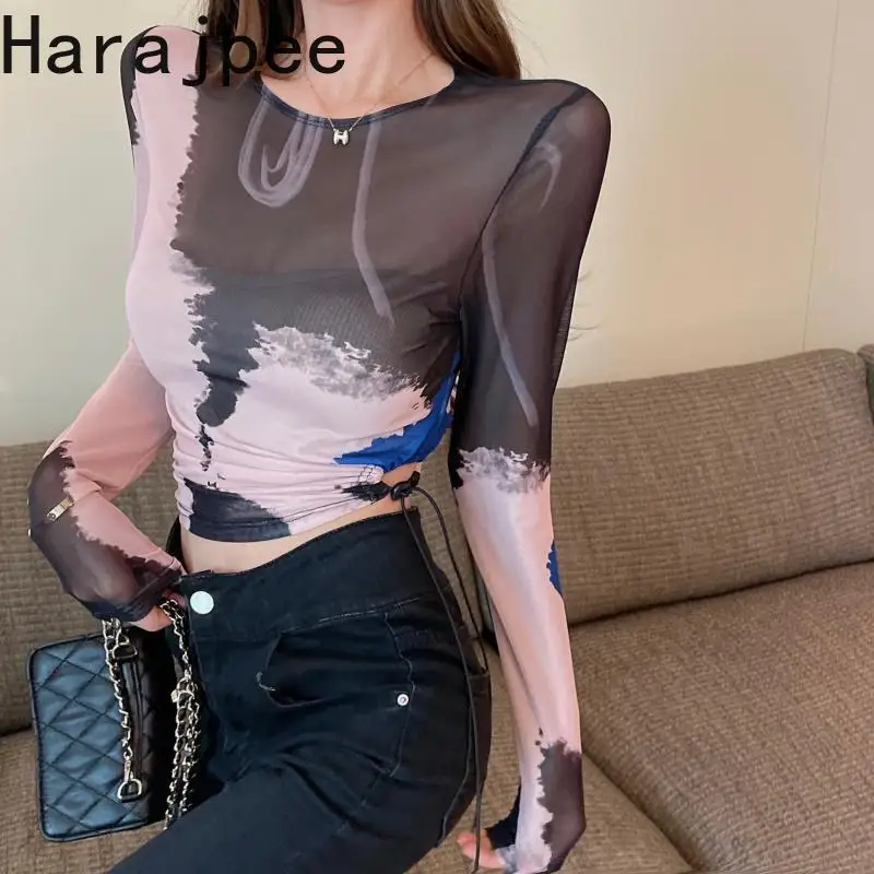 

Harajpee Ins Tie Dye Mesh Shirt Y2k Hollow Out Skinny Long Sleeve Sexy Streetwear High Elasticity Tee Spring New Short Tops