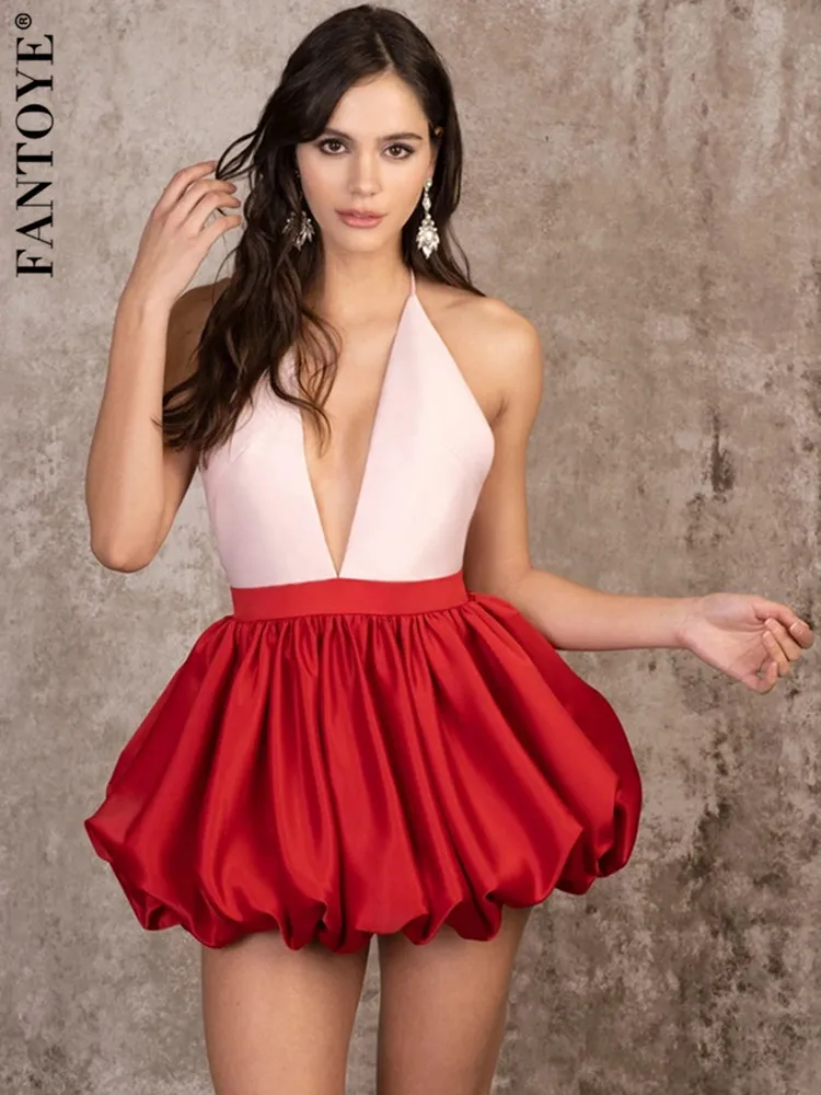 

Fantoye Deep V Neck Double Layer Mini Dress Women Sleeveless Backless Elegant Partywear Sexy Halter Ball Gown Satin Dress Female
