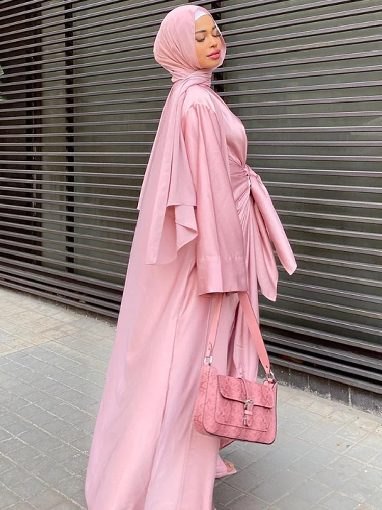 Muslim 2 Piece Abaya Set Wrap Front Long Dress+Kimono Cardigan Islamic Clothing Dubai Turkish Women Modest Matching Outfits
