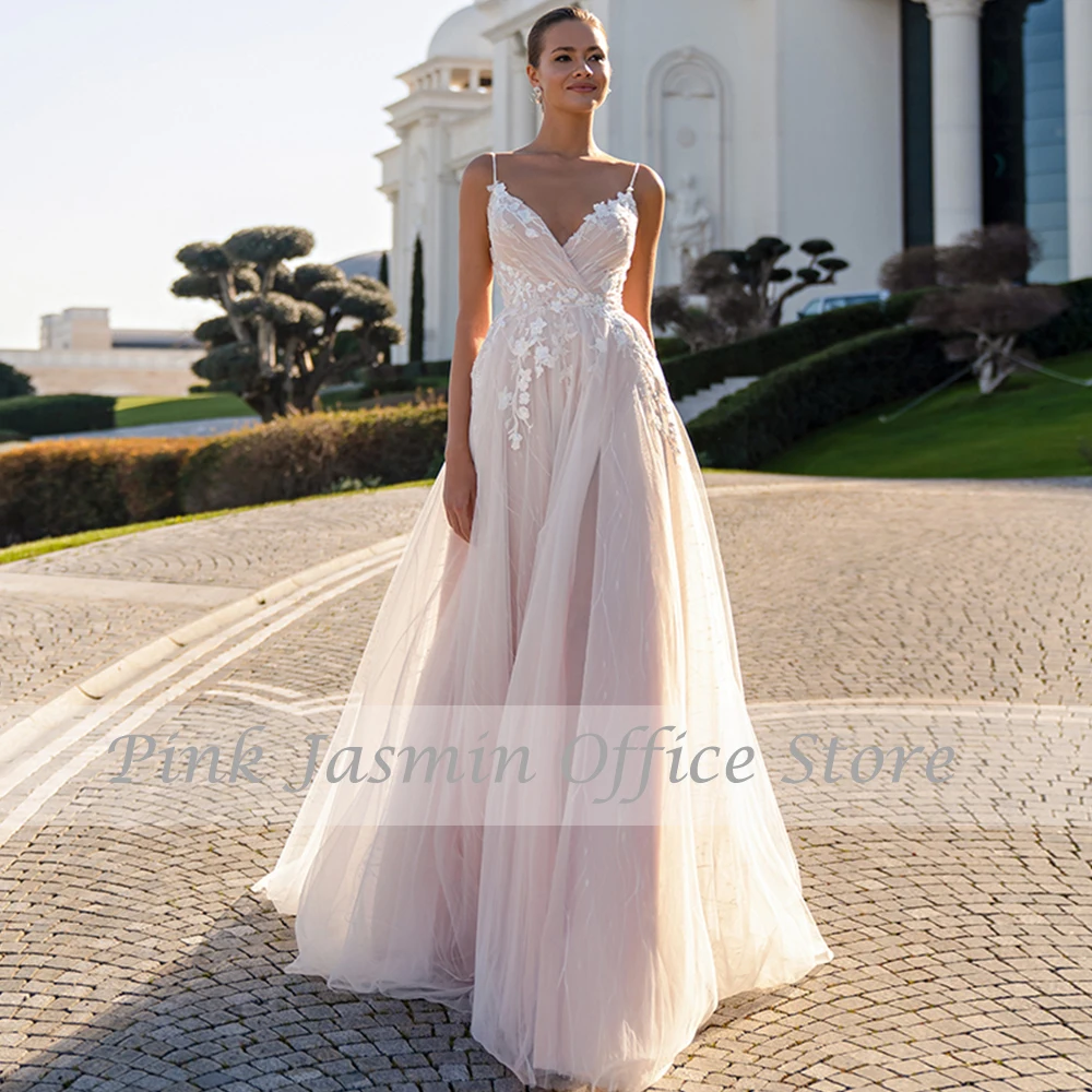 

Spaghetti Straps Bridal Gowns 2022 Backless Sleeveless Wedding Dresses Boho Lace Appliques A-Line Sweep Train Vestido De Noiva