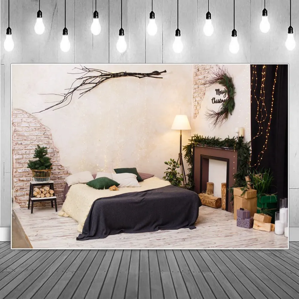 

Lighting Wall Christmas Bedroom Photography Backdrop Kids Curtain Fireplace Gifts Candle Wood Branch Brick Home Photo Background