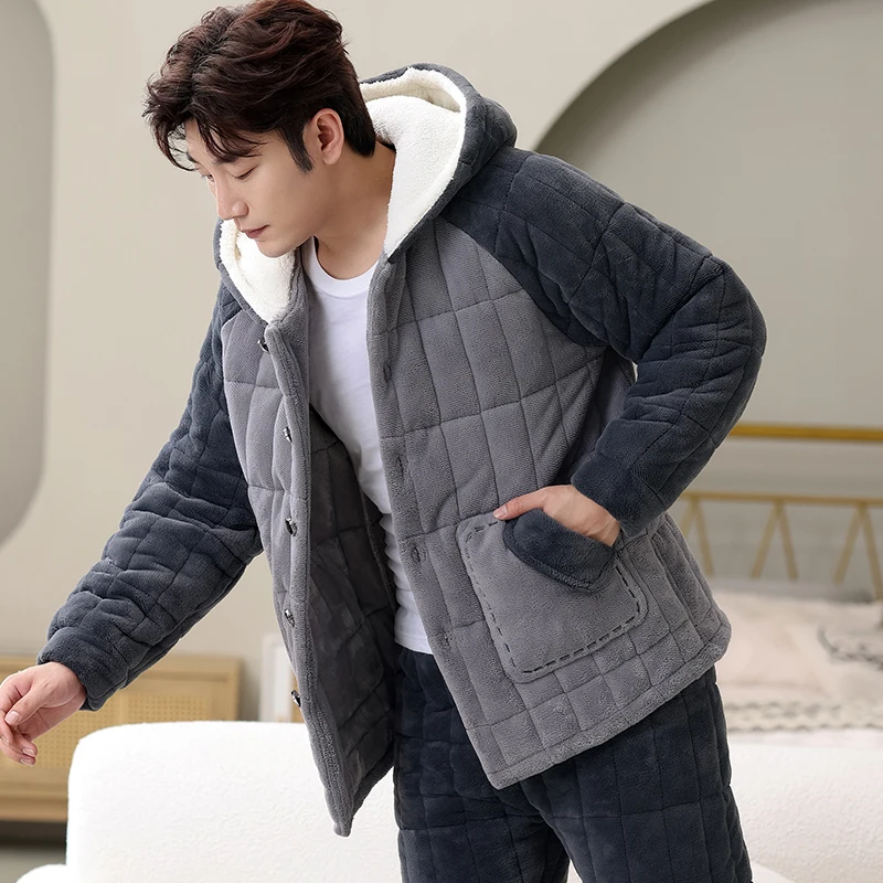 Мужские пижамы на осень и зиму флисовой подкладке утолщенная трехслойная куртка
