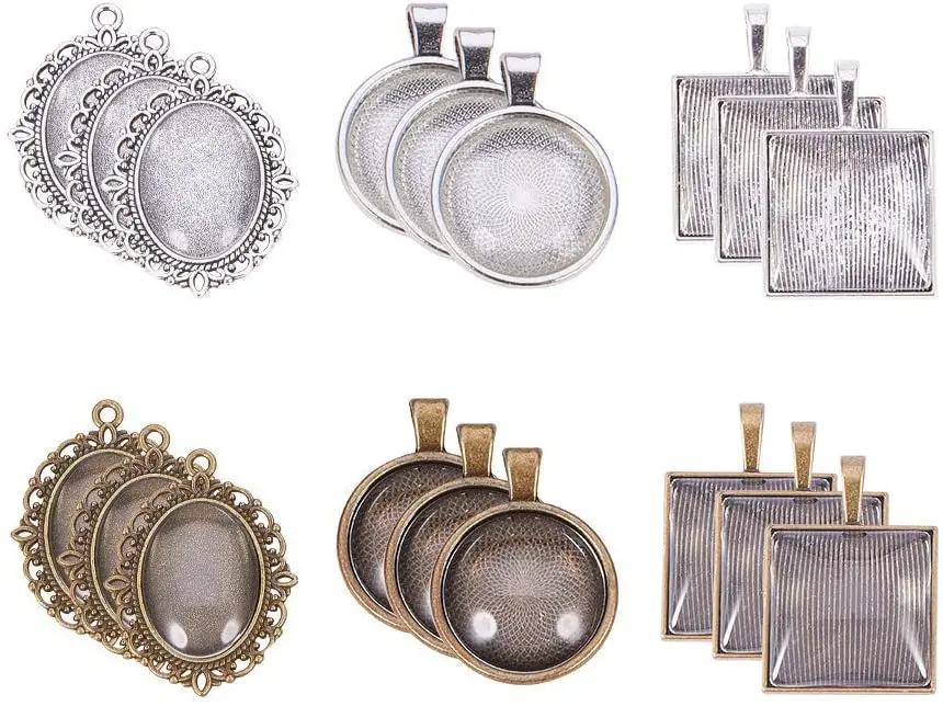 

NBEADS 60PCS Pendant Trays Set 30PCS 25mm Round Oval Square Pendant Trays Antique Silver Bronze with 30PCS Glass Cabochon Dome