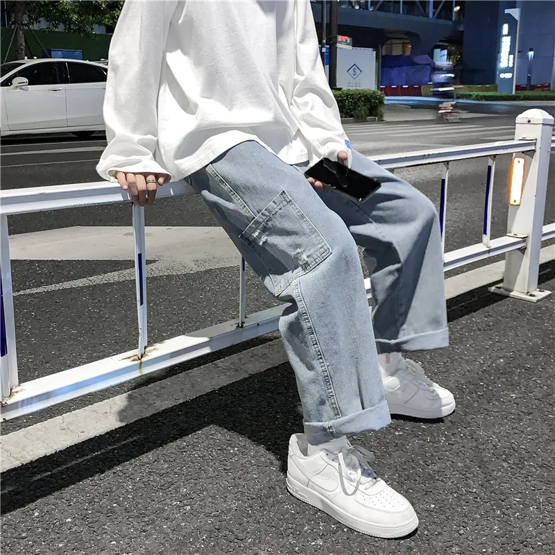DEEPTOWN Loose Cargo Jeans Men Solid Vintage Denim Pants Casual Streetwear Japanese Straight Trousers Male Fashion Pocket Spring