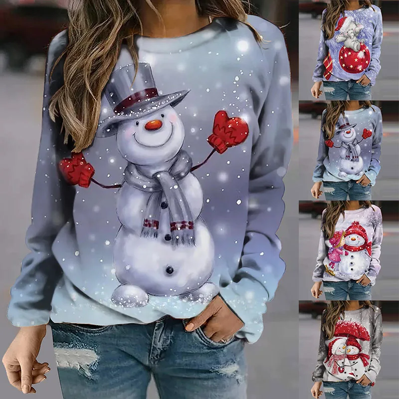 

2022 New Winter Elegant T-shirt Sexy Trend Long Sleeve Fall Women Snowman Print Pullover Christmas Fashion Tops Loose Tee Shirt