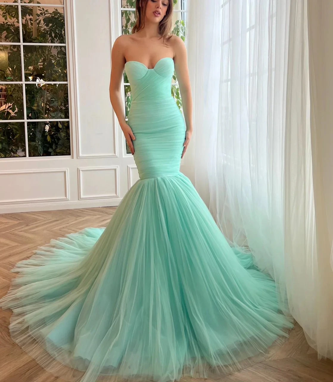 

Turquoise Moroccan Evening Dresses Mermaid Sweetheart Tulle Backless Long Turkey Dubai Saudi Arabia Prom Dresses Gown