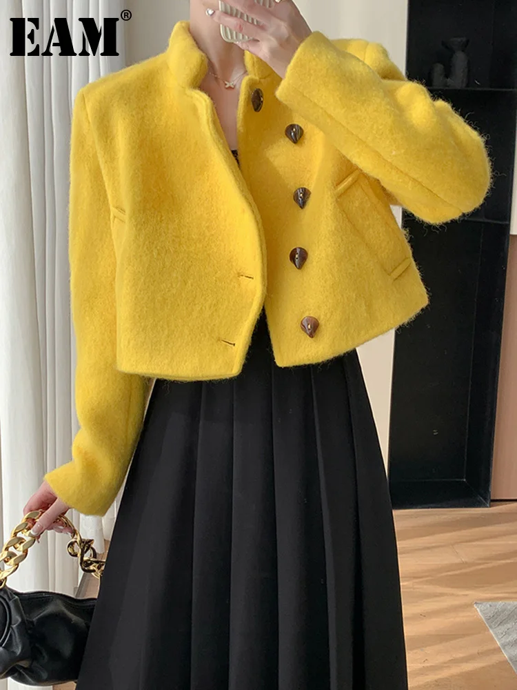 

[EAM] Loose Fit Yellow Short Big Size Woolen Coat Parkas New Stand Collar Long Sleeve Women Fashion Tide Winter 2023 1DF4096