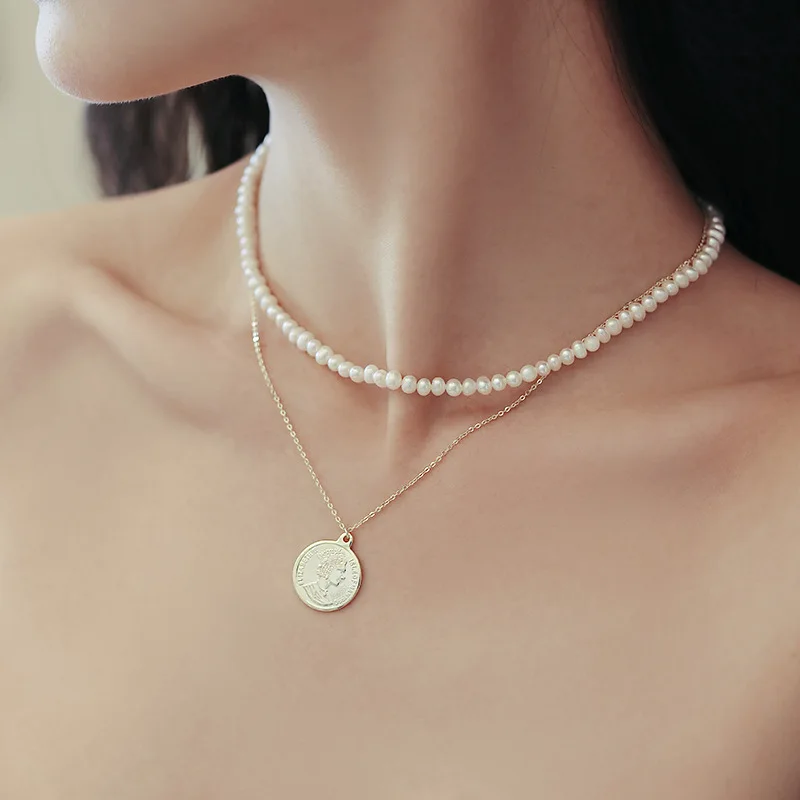 

Minar French Retro Freshwater Pearl Necklaces for Women Double Layers Gold Color Head Portrait Coin Pendant Choker Necklace Gift