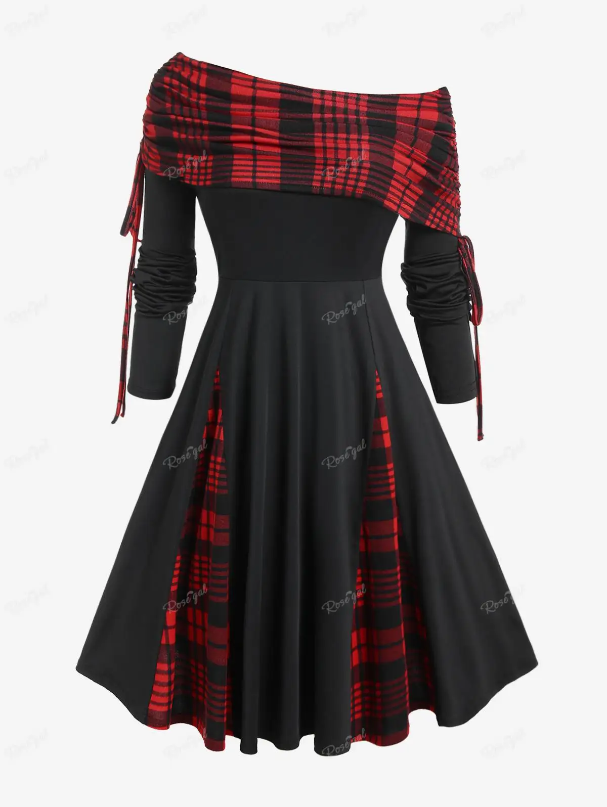 

ROSEGAL Plus Size Skew Neck Plaid Cinched Ruched Dress Women Fall Winter Colorblock Fit And Flare Dresses Vestidos 5XL