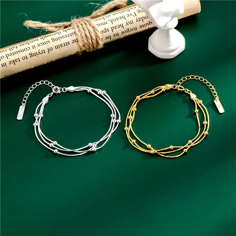 

New S925 Sterling Silver Retro Three-layer Snake Bone Bead Bracelet for Women Simple Gold Color Clavicle Chain Wedding Jewelry