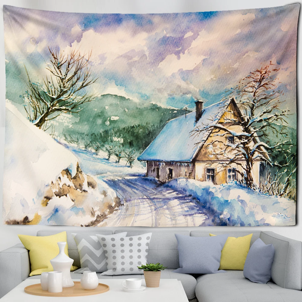 

Psychedelic Forest Snow View Cabin Wall Hanging Cute Snowman Family Dormitory Bedroom Background Decorative Tapestry Moda